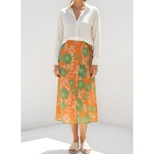GANNI Printed Light Crepe Wrap Skirt, Vibrant Orange, FR34/US2
